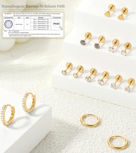 LOLIAS Hypoallergenic Flat Back Earrings for Women-Surgical Steel Earrings for Sensitive Ears 20G Stainless Steel Earring Stacks Small Flatback Stud Hoop Cartilage Earring - color: 14K Gold Plated
