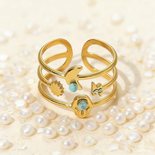 Todenb Turquoise Ring for Women，Gold Western Turquoise Open Ring Boho Stainless Steel Moon and Star Band Wrap Knuckle Rings Western Country Fashion Jewelry Accessories - color: moon
