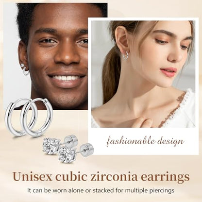 Hypoallergenic Surgical Steel Earrings, 20G Sparkling Cubic Zirconia (CZ) Flat Back Studs & Hoops, Earrings for Sensitive Ears, Cartilage & Helix Piercing Jewelry - color: silvery