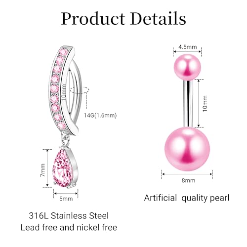 LEE&RO Gold Belly Button Ring for Women - Surgical Steel Navel Piercing Jewelry 14G - color: Pink