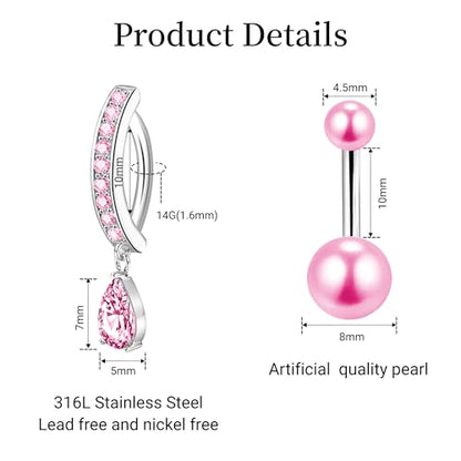 LEE&RO Gold Belly Button Ring for Women - Surgical Steel Navel Piercing Jewelry 14G - color: Pink