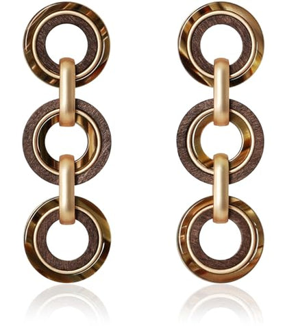 Ozel - Natural Wooden Acrylic Boho Drop Dangle Earrings for Women - Geometric Statement Jewellery - Brown, Black, Magent Red, Olive Green, White beige - color: 3Circle_Brown