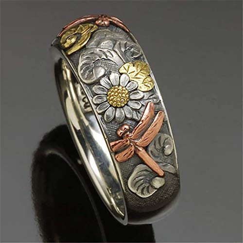 925 Sterling Silver Spinner Ring Meditation Ring Band Wide Hammered Worry Band - color: Dragonfly Flower
