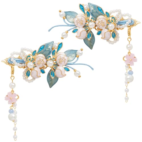 A Pair Wedding Hair Clips, Handmade Floral Design Crystal Hair Clips Pearl Barrettes, Rhinestones Flower Clips Pearl Headpieces Hair Pins Hair Accessories for Women Girls (Blue&White) - color: Blue&White
