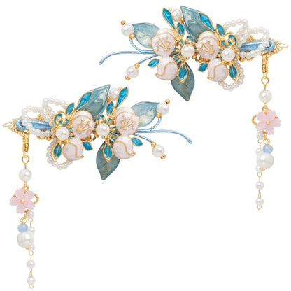 A Pair Wedding Hair Clips, Handmade Floral Design Crystal Hair Clips Pearl Barrettes, Rhinestones Flower Clips Pearl Headpieces Hair Pins Hair Accessories for Women Girls (Blue&White) - color: Blue&White