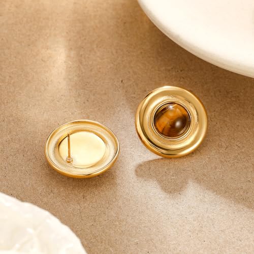 Brown Earrings Circle Chunky Earrings for Women Trendy 18K Gold Plated Stud Hoop Stainless Steel Hypoallergenic - color: Round Disc Stud