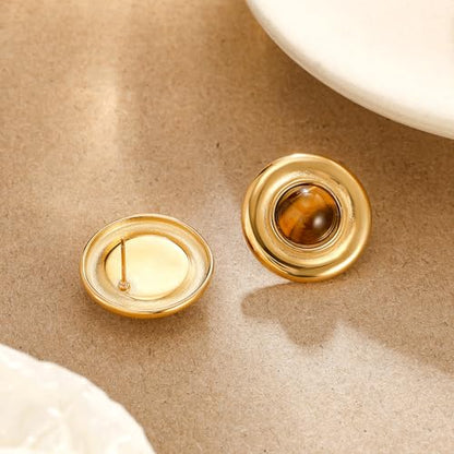 Brown Earrings Circle Chunky Earrings for Women Trendy 18K Gold Plated Stud Hoop Stainless Steel Hypoallergenic - color: Round Disc Stud