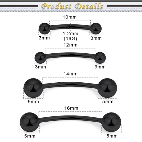 Snake Eyes Piercing Jewelry Tongue Surgical Steel Frog Eyes Tongue Rings 16G 14G Eyebrow Piercing Curbed Barbell Vertical Labret Lip Jewelry Bridge Piercings for Women Men 10mm/12mm/14mm/16mm - color: 16g,black