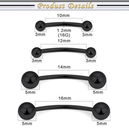 Snake Eyes Piercing Jewelry Tongue Surgical Steel Frog Eyes Tongue Rings 16G 14G Eyebrow Piercing Curbed Barbell Vertical Labret Lip Jewelry Bridge Piercings for Women Men 10mm/12mm/14mm/16mm - color: 16g,black