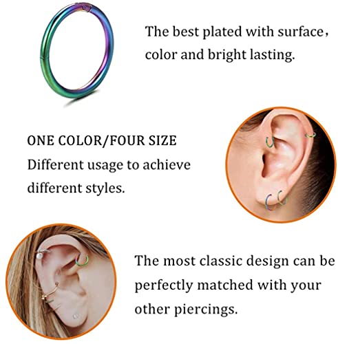 4Pcs 16G 18G 20G Surgical-Steel-Piercing-Ring-Nose-Rings-Hinged-Hoop-Earrings,6mm 8mm 10mm 12mm Seamless Stainless Steel Clicker Eyebrow Septum Piercing Hoop,Sliver Black Gold Rose Gold Rainbow Body Jewelry Set - color: 18G Rainbow