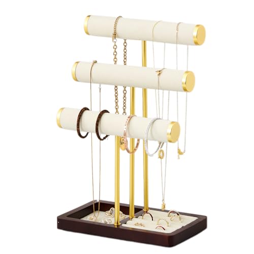 modern T-shaped jewelry rack, jewelry tower, gold metal, square ceramic base decoration display tower, necklace, bracelet, ring storage rack (3-layer beige velvet) - style: 3-layer beige velvet