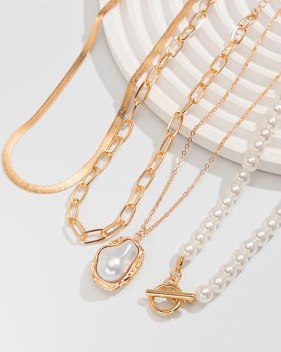 Gold Layered Necklaces for Women Chunky Layered Gold Necklaces Stacked Paperclip Chain Pearl Necklace Herringbone Toggle Clasp Choker Trendy Statement Jewelry Gifts - color: A9:chunky gold necklaces