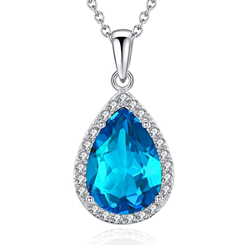 VONSSY Classic Oval Pendant Gemstone Necklace | Crystal Ruby Sapphire Waterdrop Birthstone Teardrop Emerald Necklace | 18K Platinum Gold Plated Chain | Jewelry Gift for Mother Wife Girlfriend - color: NL-Light Blue-Platinunm