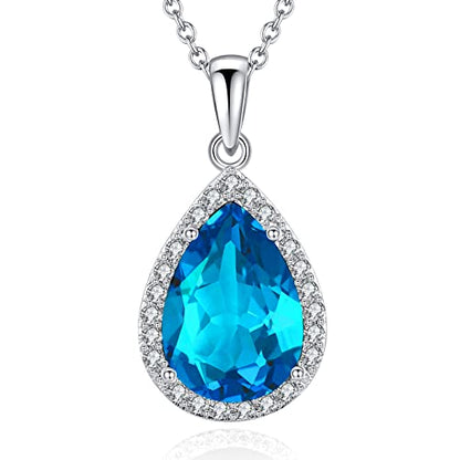 VONSSY Classic Oval Pendant Gemstone Necklace | Crystal Ruby Sapphire Waterdrop Birthstone Teardrop Emerald Necklace | 18K Platinum Gold Plated Chain | Jewelry Gift for Mother Wife Girlfriend - color: NL-Light Blue-Platinunm