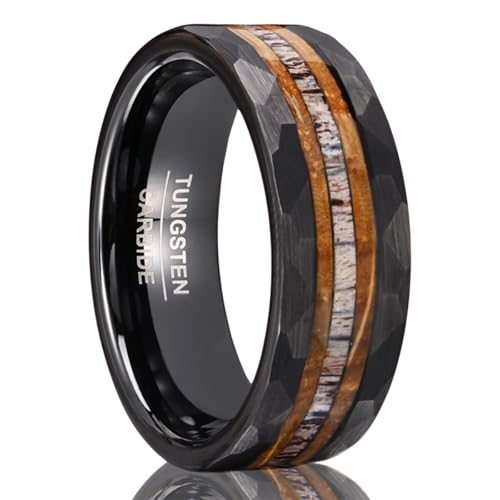 Tungsten Carbide Rings for Men 8mm Black Hammered Whiskey Barrel Wood & Elk Antler Inlay Men's Engagement Wedding Bands Matte Brushed - color: 8mm black Hammered