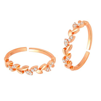 Aheli Cubic Zirconia Studded Leaf Style Adjustable Toe Ring Bichiya Fancy Jewellery for Women - color: Rose Gold