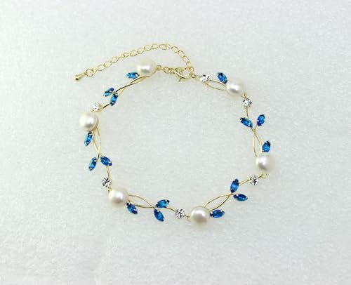 Faship Genuine Freshwater Pearls Floral Necklace Earrings Set | Premium CZ Crystal, Gorgeous, Sparkling - color: Blue / Gold Plated / Matching Bracelet