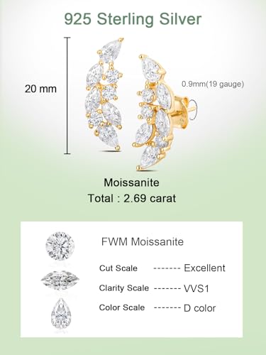 Moissanite 20mm Butterlfy/Flower/Leaf/Bezel Crawler Stud Earrings for Women, 925 Sterling Silver with Gold Plated, Hypoallergenic Cartilage Earrings, Valentines Birthday Anniversary Wedding Gift - color: Leaf - 2.96 Carat - Yellow Gold