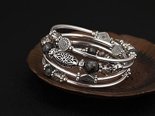 FULU AUTUMN Stackable Beaded Bracelets for Women Boho Wrap Silver Bracelet Layered Fashion Jewelry Gifts for Her - color: Grey