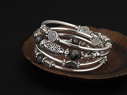 FULU AUTUMN Stackable Beaded Bracelets for Women Boho Wrap Silver Bracelet Layered Fashion Jewelry Gifts for Her - color: Grey