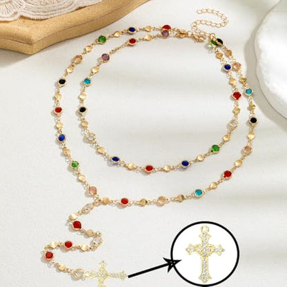 Colorful Crystal Long Necklace for Women Dainty Boho Y-Shaped Color Bead Necklaces Sparkly Rhinestone Pendant Layered Gold Long Chain Choker Good Luck Trend Jewelry Gift Jewelry - color: Cross+Double Gold