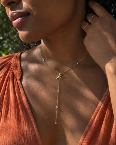 14K Gold Plated Lariat Necklace for Women, Dainty Star Drop Long Necklaces CZ Y-Shaped Pendant Necklaces for Women Trendy Jewelry - color: starfish