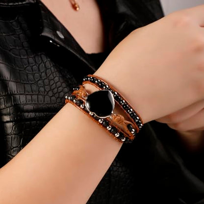 Artilady Leather Wrap Bracelet for Women, Pearl Beaded Bangle Stack Jewelry | Easy on-off, Elegant Handmade Multi-Layered, Daily Casual Date Beach Vacation, Gift for Ladies, Mother, Sister & Friend - style: Black bead