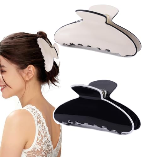 2 Pack Acetate Hair Claw Clips for Women 4 Inch Large Claw Hair Clips for Thin to Thick Hair - color: White-Black Contrast Colors