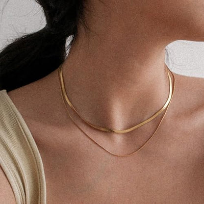 14K Gold Plated Chain Necklace for Women Trendy - 925 Sterling Silver Clasp | Waterproof Dainty Choker Necklace, 14/16/18/20 inch Thin Simple Box Figaro Chain Herringbone Necklace Jewelry for Women Men - color: Herringbone 3mm