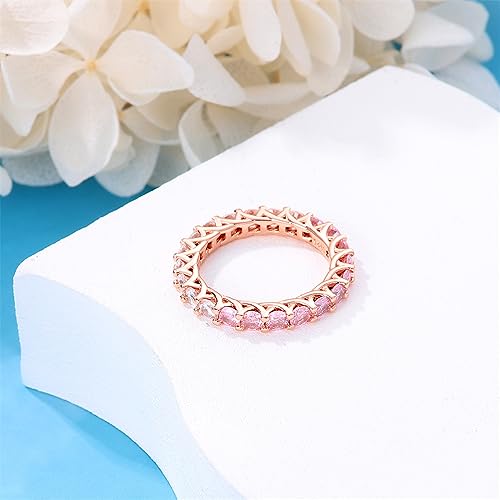 KUNSIR 925 Silver Cubic Zirconia Ring Size 7-9 Wedding Band Sterling Silver Eternity Ring Modern Style - style: Rose Gold Pink Zirconia Ring