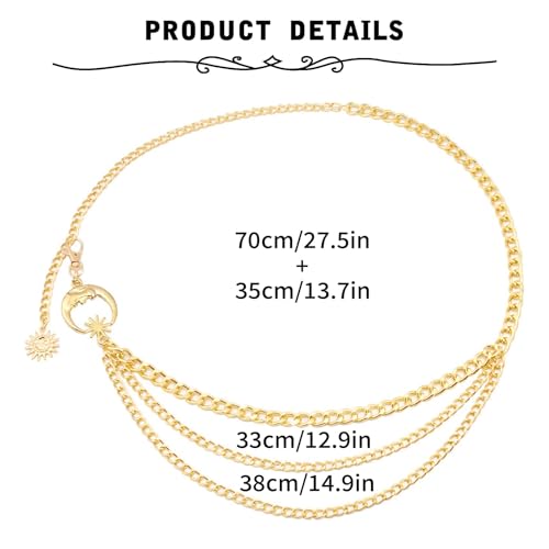 Gold Chain Belt - Fashion Waist Chain Belt with Moon, Butterfly Rhinestone & Layered Design - color: A1-Moon layered-gold