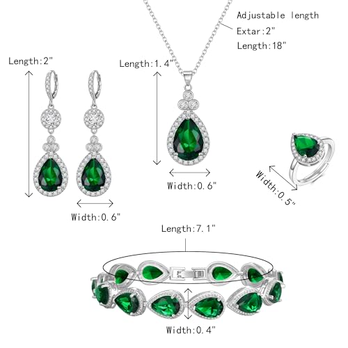 Crysdue Wedding Bridal Teardrop CZ Pendant Necklace Open Ring Dangle Earrings Adjustable Slider Bracelet Jewelry Set, Birthday Mothers Day Christmas Jewellery Gift for Women/Mom/Wife - style: 03-4 pcs Round&Teardrop- Green Silver-Tone