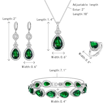 Crysdue Wedding Bridal Teardrop CZ Pendant Necklace Open Ring Dangle Earrings Adjustable Slider Bracelet Jewelry Set, Birthday Mothers Day Christmas Jewellery Gift for Women/Mom/Wife - style: 03-4 pcs Round&Teardrop- Green Silver-Tone