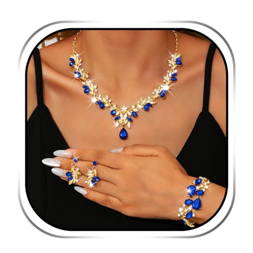 Sixexey Bridal Wedding Jewelry Set Crystal Neck Jewelry Rhinestone Wedding Prom Jewelry Accessories for Women - color: Blue Crystal