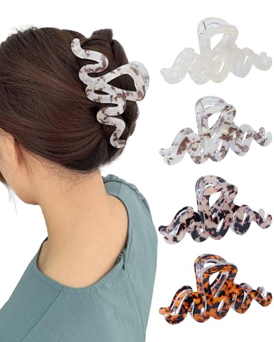 4Pcs Large Hair Claw Clips, Nonslip Cute Jelly Hair Clips for Thick Hair and Long Hair - color: Wave-White + Tie-dye