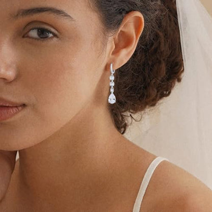 Dangle Earrings for Women Trendy, 14K Gold Plated CZ Huggie Drop Earrings, Dainty Long Chain Prom Wedding Jewelry Gift for Her - style: Teardrop CZ Silver