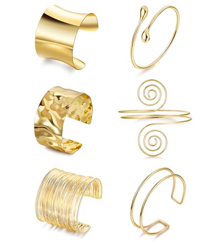 6 Pieces Upper Arm Cuff Arm Band Cuff Bangle Bracelet for Women Hammered Chunky Bracelets Open Wide Wire Bracelets Minimalist Coil Bangle Set Gold Sliver Wrist Cuff Wrap Bracelet Adjustable - color: Gold Cuff Bracelets A