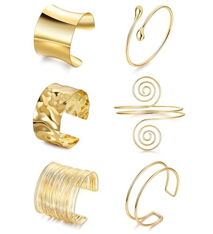 6 Pieces Upper Arm Cuff Arm Band Cuff Bangle Bracelet for Women Hammered Chunky Bracelets Open Wide Wire Bracelets Minimalist Coil Bangle Set Gold Sliver Wrist Cuff Wrap Bracelet Adjustable - color: Gold Cuff Bracelets A