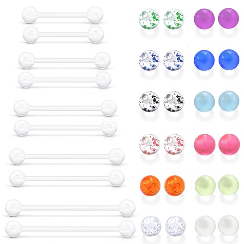 6mm-38mm 14G 16G Clear Plastic Nipple Tongue Ring Industrial Earrings for Surgery Pregnancy Belly Button Ring Bioflex Flexible Acrylic Straight Barbells Piercing Jewelry Retainer for Work Sport - color: 14G Bar Length 14mm-25mm-Mix Color Balls