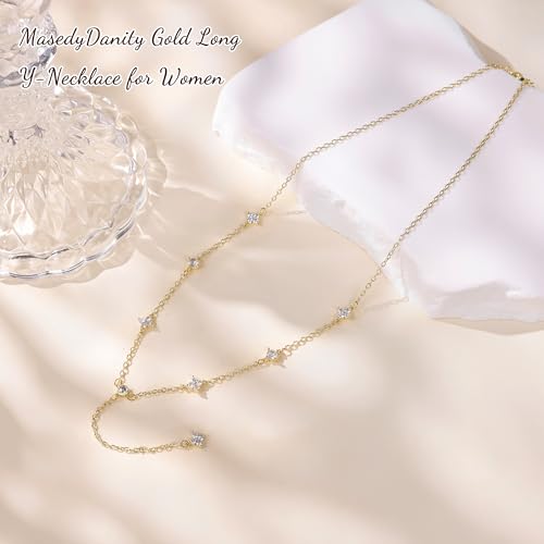 Long Gold Necklace for Women Dainty Layered Lariat Necklace | 14k Gold Plated Clover Teardrop CZ Y Shaped Drop Necklaces Cute Long Necklace for Women Trendy Prom Formal Womens Jewelry - color: Clover CZ y necklace