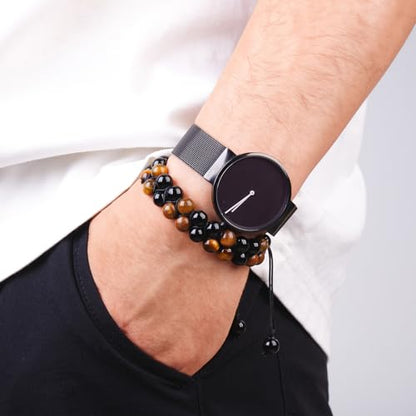 Triple Protection Bracelet,Bracelets for Men Women, Natural Tiger Eye Jewelry Stone Hematite and Blue Stone Hematite 8mm Crystal Bracelet - Adjustable Size with Premium Gift-Box - color: Brown-Black