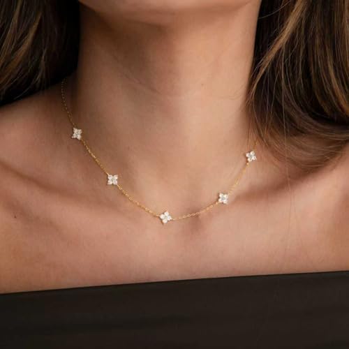 Dainty Silver Gold Necklaces for Women Cute Station Choker Simulated Diamond Necklace Simple Layering CZ Necklace Trendy Jewelry Gifts - color: Gold, style: Flower
