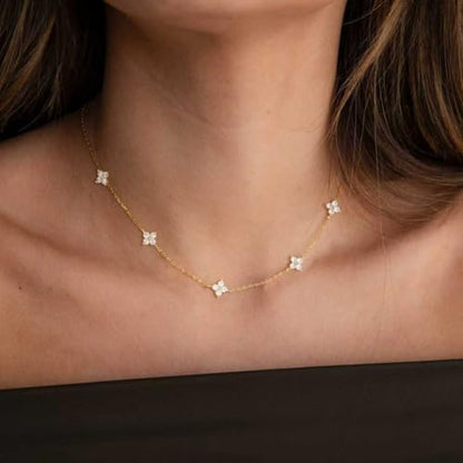Dainty Silver Gold Necklaces for Women Cute Station Choker Simulated Diamond Necklace Simple Layering CZ Necklace Trendy Jewelry Gifts - color: Gold, style: Flower