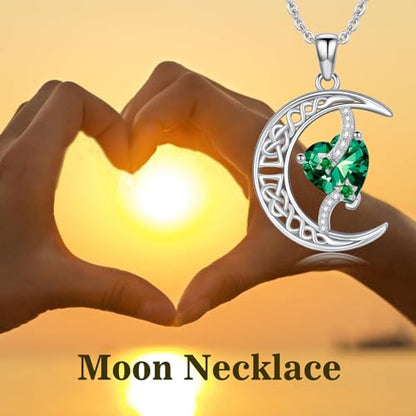 TOUPOP Moon and Star Birthstone Necklace for Women 925 Sterling Silver Celtic Moon Jewelry Birthday Mothers Day Gifts for Mom Wife Her - color: 05-May-Emerald