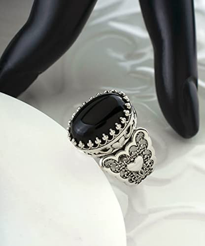 Filigranist 925 Sterling Silver Handcrafted Filigre Art Double Heart Detailed Women Cocktail Ring with Gemstones - color: Black Onyx