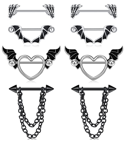 JFORYOU 14G Surgical Steel Nipple Rings Barbell Nipple Bar Piercing Jewelry for Women Double Front Facing Gem Synthesis Marble Stone Opal Design 16mm - style: 4 Pairs Bat Wing Style