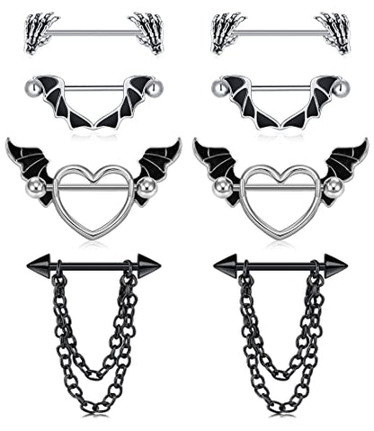 JFORYOU 14G Surgical Steel Nipple Rings Barbell Nipple Bar Piercing Jewelry for Women Double Front Facing Gem Synthesis Marble Stone Opal Design 16mm - style: 4 Pairs Bat Wing Style