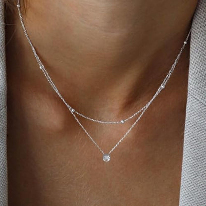 Layered Choker Necklace for Women Stackable Chain Dainty Zircon Pendant Set | 2PCS, Silver/14K Gold Plated, Box/Ball/Rope/Lip chain, Layering Diamond Cut CZ Pendant, Dainty Thin Chain, Trendy Prom Gift - color: Silver, style: Style 01