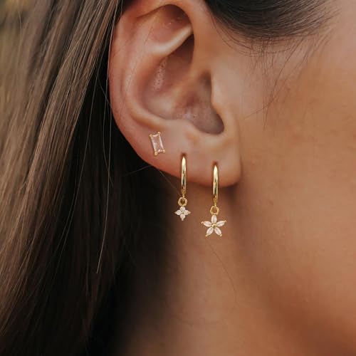 Gold Plated Earrings for Women, 14k Gold Plated Earring Stack Hypoallergenic Pearl Drop Earring Dainty Earrings for Women Trendy Cute Small Huggie Hoop Earring Fashion Womens Jewelry - color: flower set