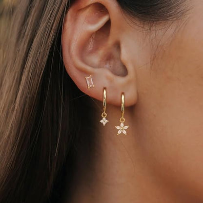Gold Plated Earrings for Women, 14k Gold Plated Earring Stack Hypoallergenic Pearl Drop Earring Dainty Earrings for Women Trendy Cute Small Huggie Hoop Earring Fashion Womens Jewelry - color: flower set